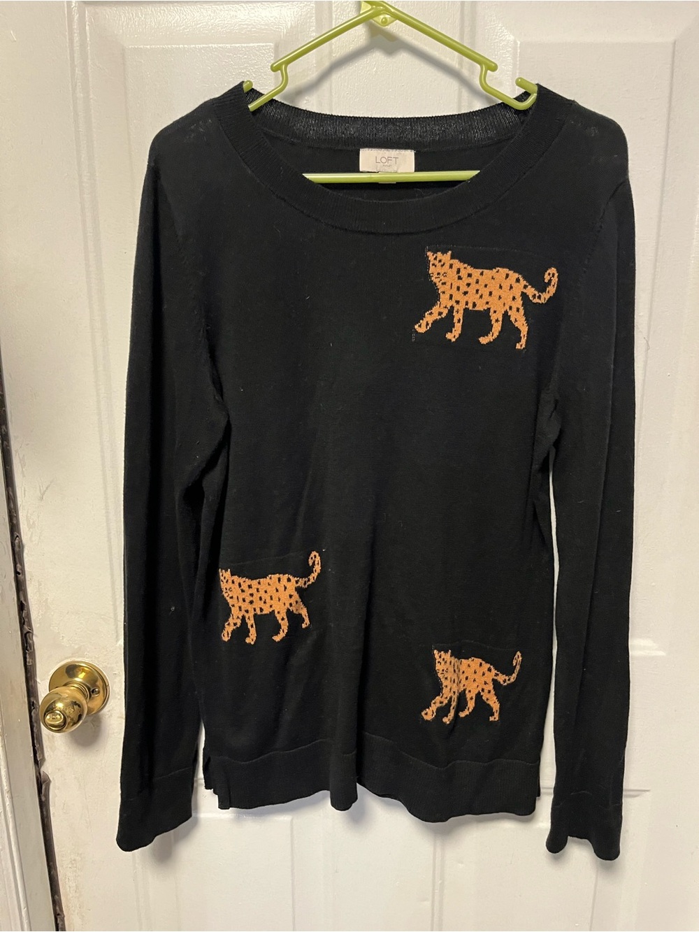 LOFT Black Crewneck Sweater with Orange Leopard Motifs